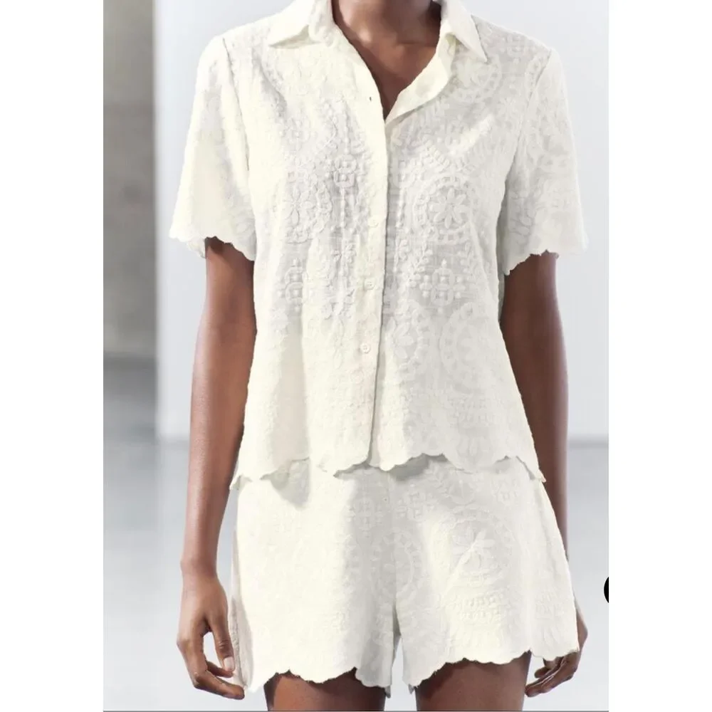 Zara collection embroidered bermuda short suit linen blend cottage women XL New